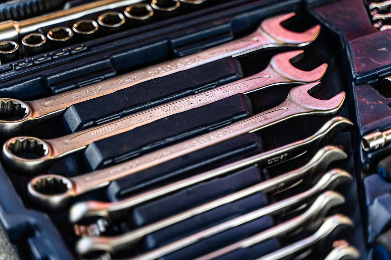 Home Detailed shot of a neatly arranged set of wrenches in a toolbox.